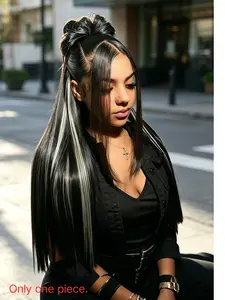 28 Inch 13*4 HD Transparent Lace Frontal Wigs Long Straight black Wigs Synthetic Heat Resistant Fiber Hair Wig Premium Highlight White Silk Straight 13x4 Hairpiece Wigs For Women With Glueless L  ace Natural Straight Wigs 200% Density