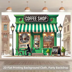 2D Flat, 1pc Coffee Shop Mural - Vibrant Green and White Striped Canopy with "Coffee Shop" Sign, Detailed Interior Design, Polyester Fabric, Perfect for Home, Office, or Party Decor, 7x5 Feet, No Electricity Nee