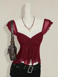 Burgundy Ruffled Mesh Babydoll Top – Sweetheart Neck Ruched Bust Sheer Flutter Sleeve Y2K Blouse for Women, Coquette Fairycore Aesthetic, Flowy Tiered Hem, Soft Stretchy Fabric, Casual & Night Out Essential for Grunge & Romantic Style Lovers