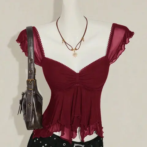 Burgundy Ruffled Sheer Mesh Babydoll Top, Y2K Sweetheart Neck Ruched Fitted Top for Women, Flowy Tiered Hem, Stretchy Fabric, Casual & Night Out Vibe