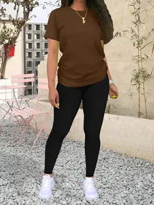 Two-Piece Set Women's Solid Color Tee & Skinny Pants Outfit, Casual Round Neck Short Sleeve T-shirt & Trousers for Spring & Fall, Ladies Clothes for Daily Wear