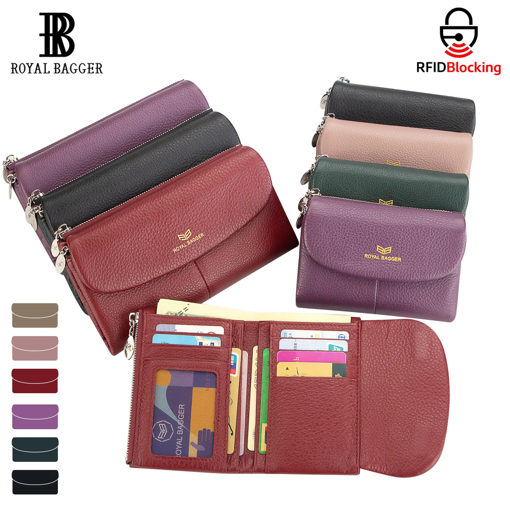 Royal Bagger Women's Trifold Cowhide Card Holder with Magnetic Closure, Multi-Card Slot Organizer, Ideal Gifts for Women 2063, Magnetic Closure Wallet, Trifold Wallets, Wallets For Women