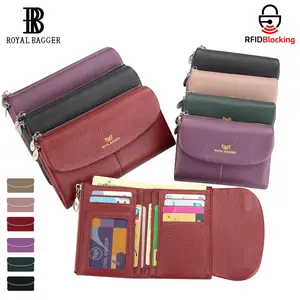 Royal Bagger RFID Blocking Women's Short Wallet Genuine Leather Multi-card Slots Card Holder Trifold Purse Magnetic Opening 2063