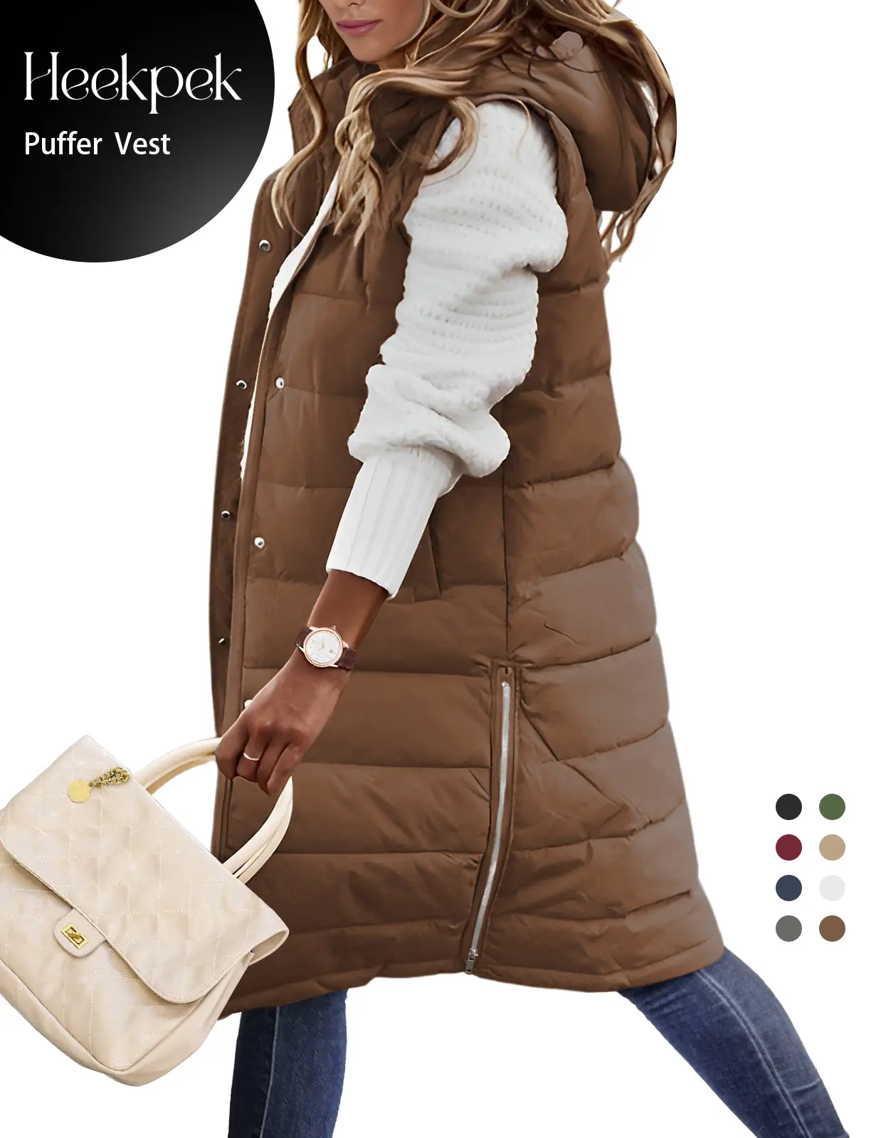 Winter Warmer Slim Side Zip Long Puffer Vest Womenswear Tops, Hooded Casual Plain Color Sleeveless Lightweight Quilted Outerwear with Pockets  #outdoorfun