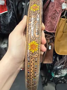 Genuine hand tooled & painted steering wheel cover with sunflowers and colorful dots- size fits most!