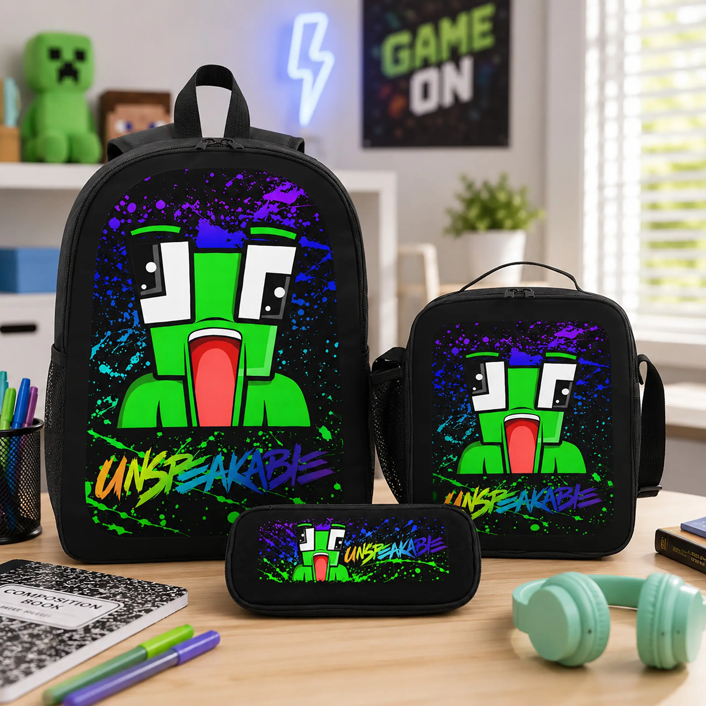 3 Piece Unspeakable Backpack Set PolyesterBackpack Lunch Bag Pencil Case Large Capacity Lightweight Bookbag For School Travel Camping Boys Girls Kids Teens Students Gamer Fans Birthday Gift