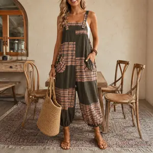 Plus Size Plaid Patchwork Jumpsuit for Women, Loose Sleeveless Overalls, Casual Baggy Harem Pants for Daily & Vacation