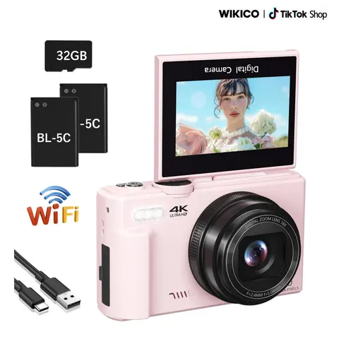WIKICO Automatic 4K 64MP Autofocus Point & Shoot Digital Camera - Mini Vlogging Camera for Vloggers, WiFi, 32GB TF Card, 180° Flip Screen, Lanyard, Webcam Function, Batteries, Compact Beginner Travel Kit, Father's Day Gift (Mini Stuff That Actually Works)