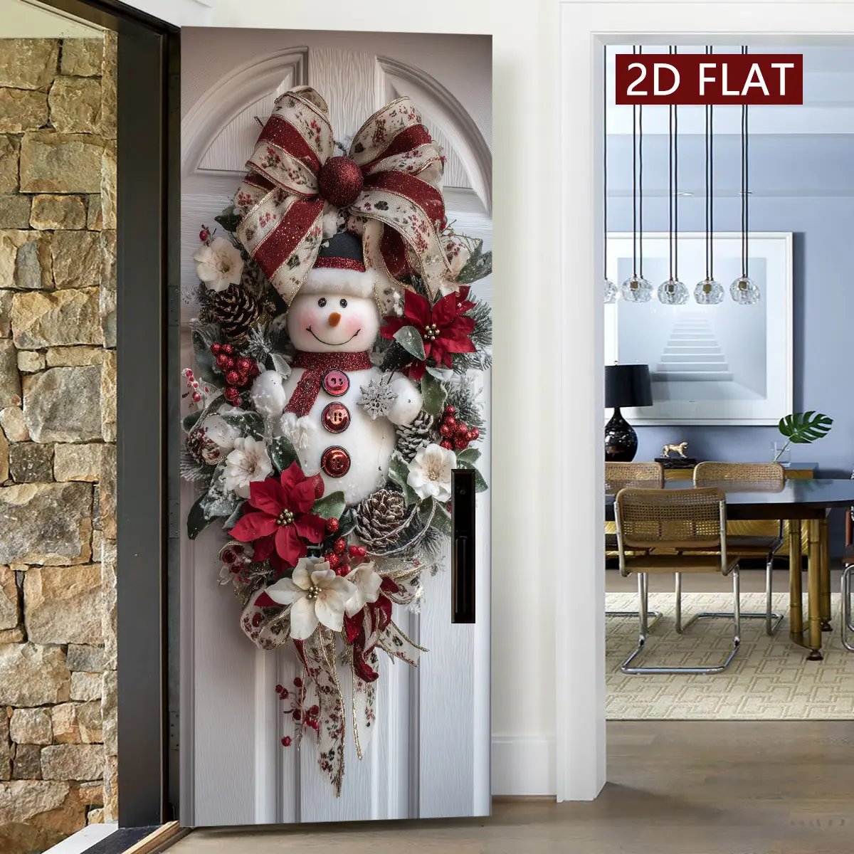 Christmas Snowman Flower Door Hanging Art, Home Decor Ornament, Holiday Decor, Beautiful Christmas Decoration, 2 Count Door Stickers, Easy Apply Peel and Stick