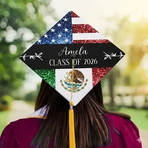 Personalized Mexican American Flag Graduation Cap Topper Class of 2026 Custom Name Grad Cap Decorations Latino Hispanic Heritage Graduation Gift Glitter Acrylic Cap