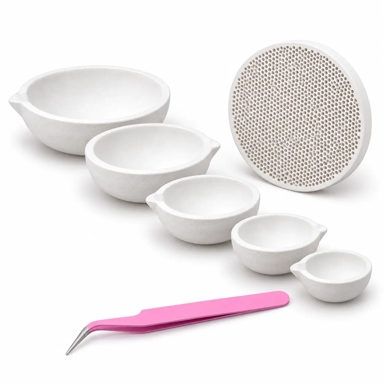7-Piece Ceramic Crucible Melting Kit with 5 Melting Dishes, 131mm Honeycomb Soldering Board and Bent Tweezers for Gold Silver Copper