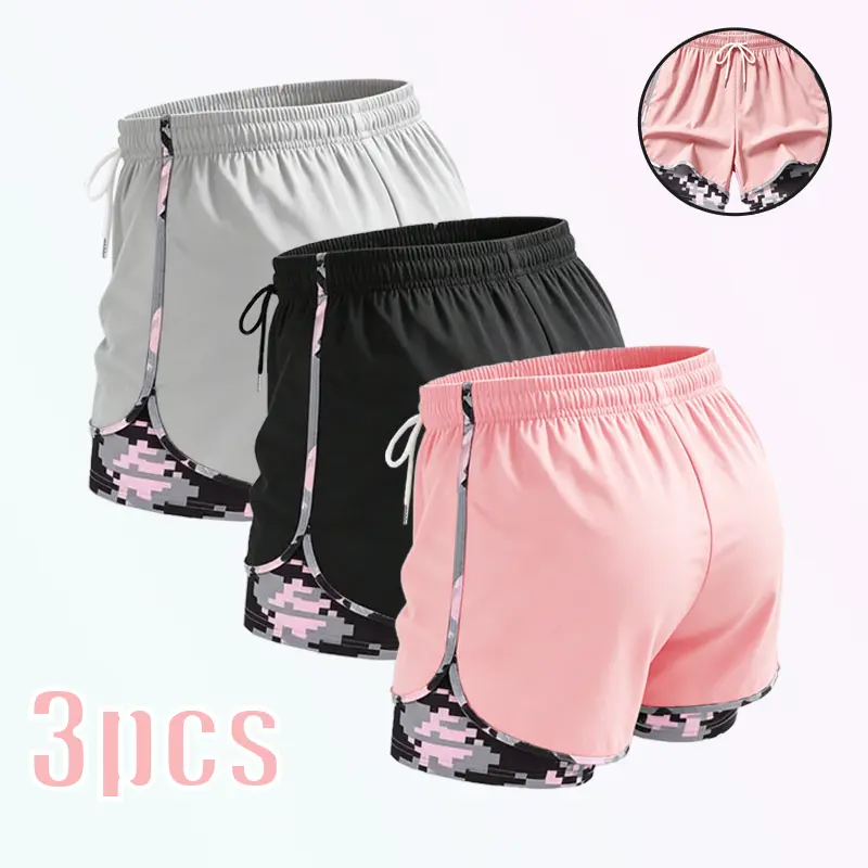Women’s 3-pack quick-dry sports shorts: inner-layer compression base layer, drawstring, pink camouflage print, side slits, loose fit for thigh comfort, cooling feel for yoga/running, anti-exposure design, home shorts.