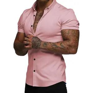 Men's Muscle Fit Dress Shirts Summer Casual Button Down Short Sleeve High Stretch Wrinkle-Free Shirt Menswear Top