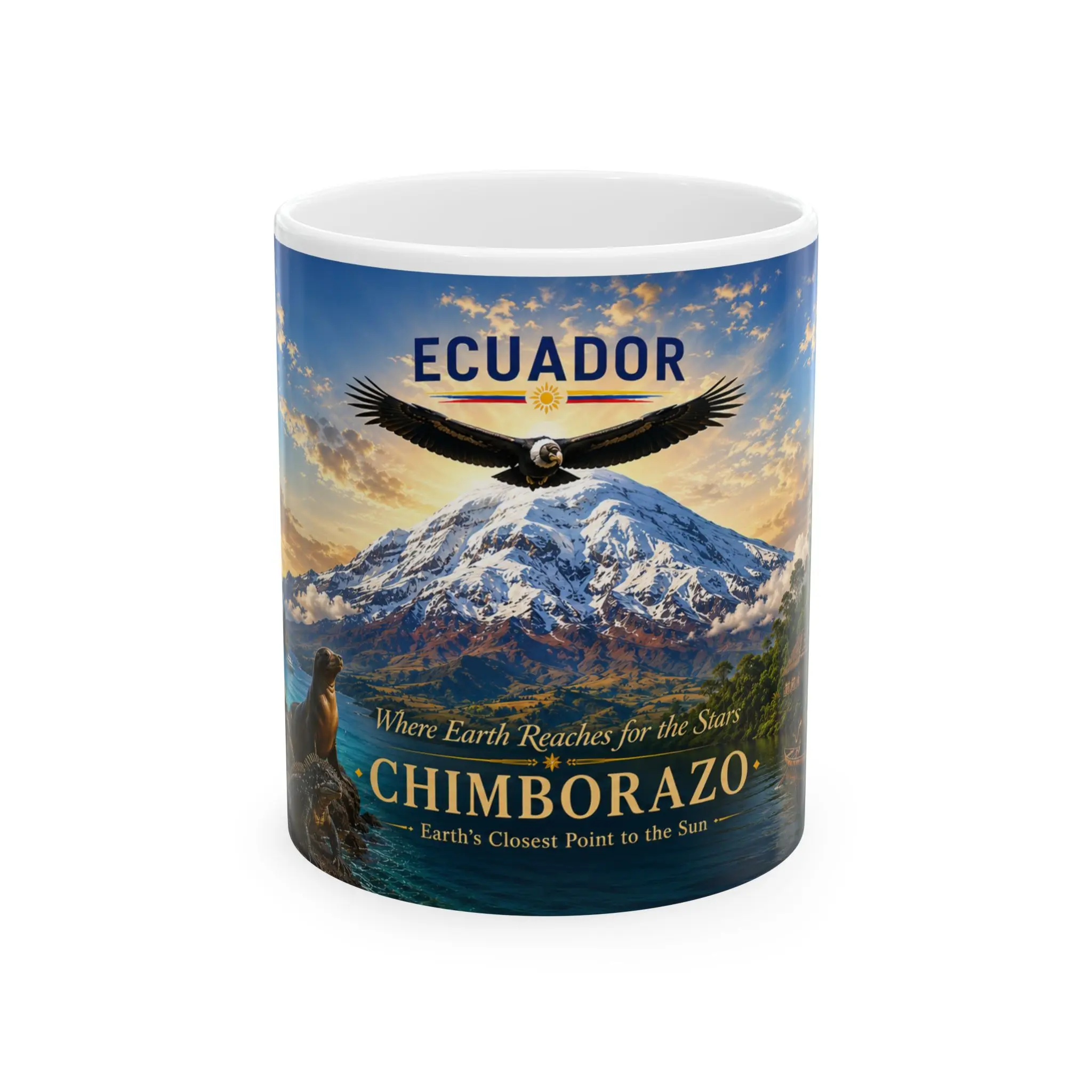 Classic Washable Ceramic Ecuador Travel Mug with Handle - 0-500ml Kitchenware Drinkware Coffee Cup, Customized with Ecuador Scenes (Chimborazo, Galápagos Wildlife, Amazon Rainforest Designs)