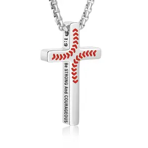 Baseball Bible Verse Boy Cross Necklace, Letter Print Cross, Stainless Steel Cross Pendant Chain, Christian Religious Baseball Accessories, Son Jewelry Gift