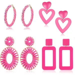 FUNRUN 4Pairs Hot Pink Earrings for Women Statement Earrings Geometric Heart Drop Hoop Earrings Boho Long Tassel Dangle Earrings
