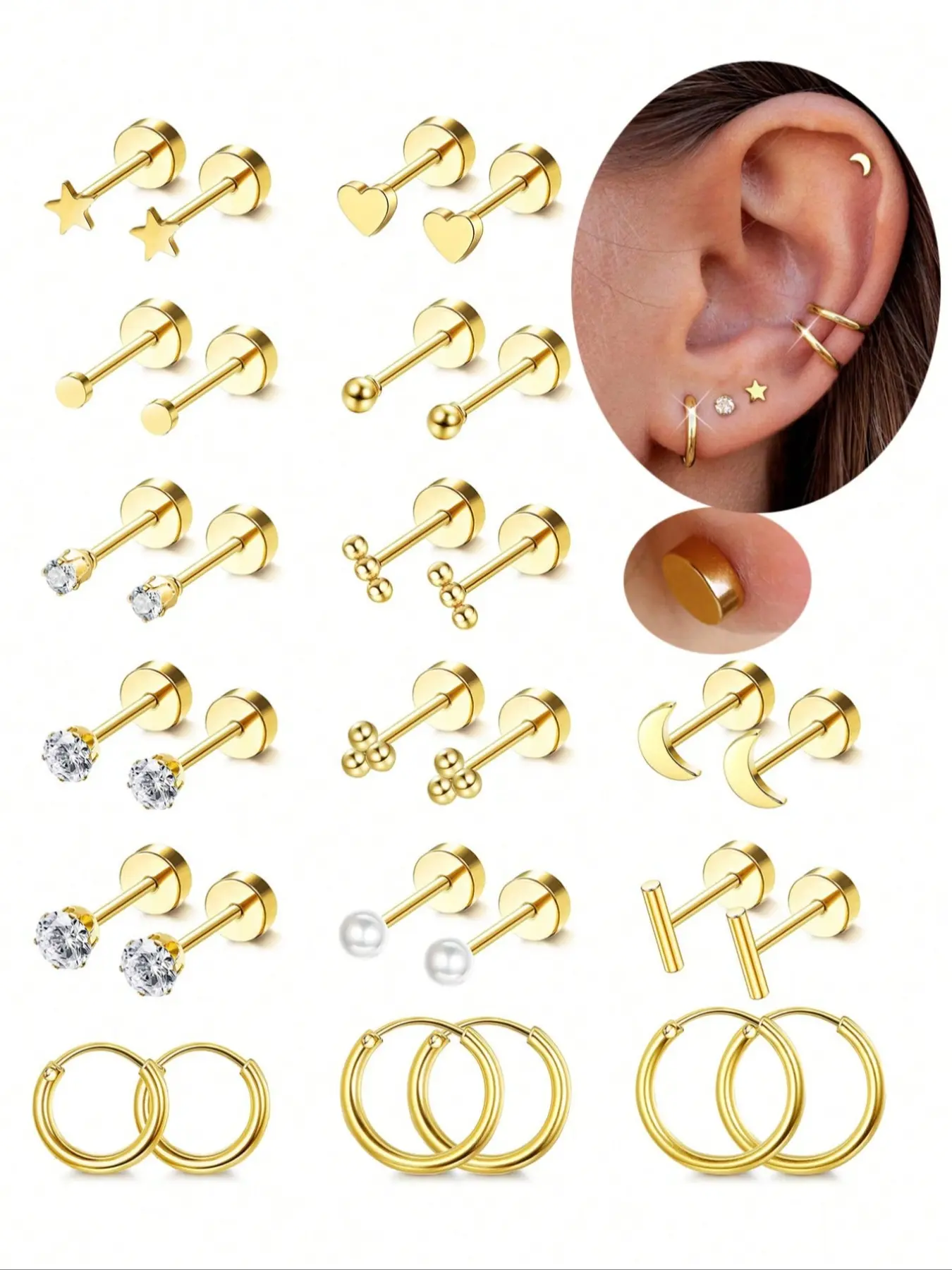 15 Pairs Hypoallergenic Small Flat Back Stud Earrings for Women, Dainty Earrings, 18k Plated 316L Stainless Steel Earrings, Tiny Screw Back Cartilage Earrings Stacks Jewelry is the best gift for her. Hoop Earrings Earring Stacking Set