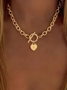Heart Initial Pendant Necklace, Stainless Steel Chain Necklace for Women for Gift, Girl's Temperament All-match Accessory, Cuban Link Chain