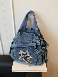 Women's Star Bear Embroidered Denim Backpack, Casual Drawstring Tote Bag, Stylish Shoulder Bag for Daily Use, Fashionable Accessory, Casual Daypack Backpacks