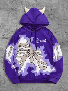 Men's Skeleton & Cross Halloween Graphic Drop Shoulder Demon Design Hoodie, Regular Fit Casual Drawstring Hooded Sweatshirt for Daily Holiday Outdoor Wear, Menswear for Fall & Winter, Gothic Hoodie, Graphic Hoodies