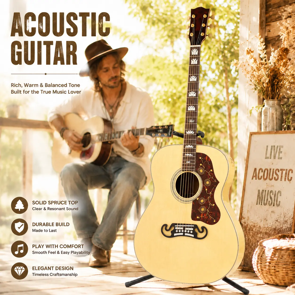 Folk Acoustic Guitar J200 - Spruce Top, Mahogany Neck, Rosewood Fingerboard, 20 Frets, 6 Strings, Box Body, Gloss Finish, Natural Wood Color, All Seasons, Suitable for Live Performance, Daily Practice, Men & Women, In Stock, None