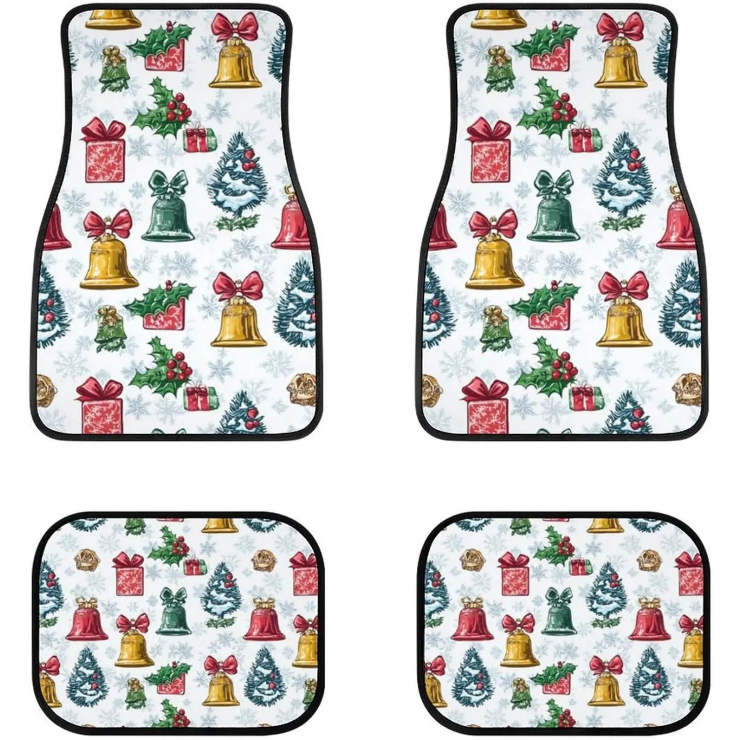 Christmas Bell Tree Snowflake 4-Piece Car Floor Mats, Auto Foot Mats All Weather Universal Fit Car Decor Accessories Fit for SUV, Vans, Sedans, Trucks