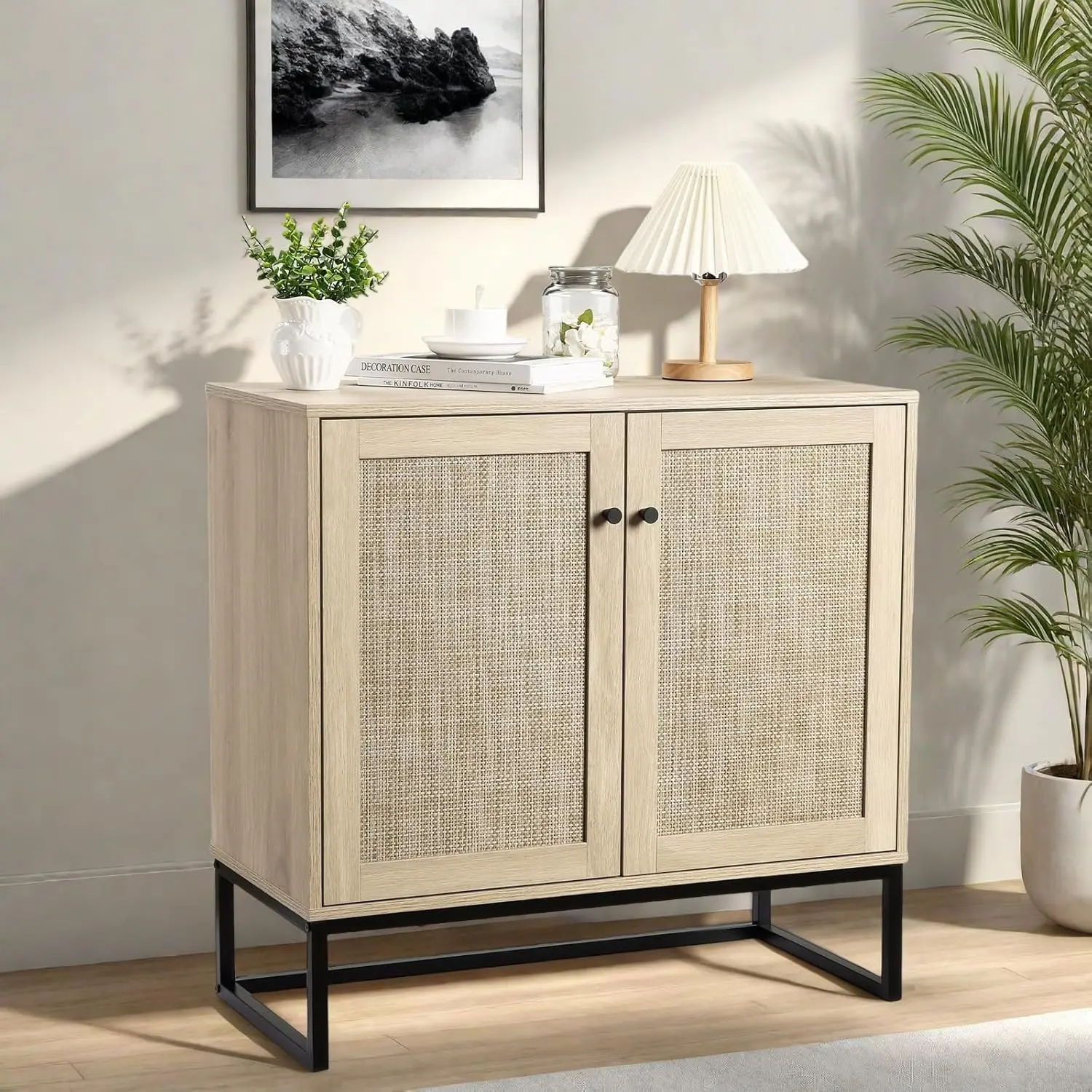 Garvee Qeetex Boho Rattan Sideboard Buffet Cabinet with Adjustable Shelves and Woven Doors for Kitchen Living Room and Entryway