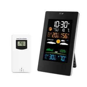 Backlit Electronic Alarm Clock, Indoor Outdoor Thermometer Hygrometer, Moon Phase Weather Forecast Barometer for Home