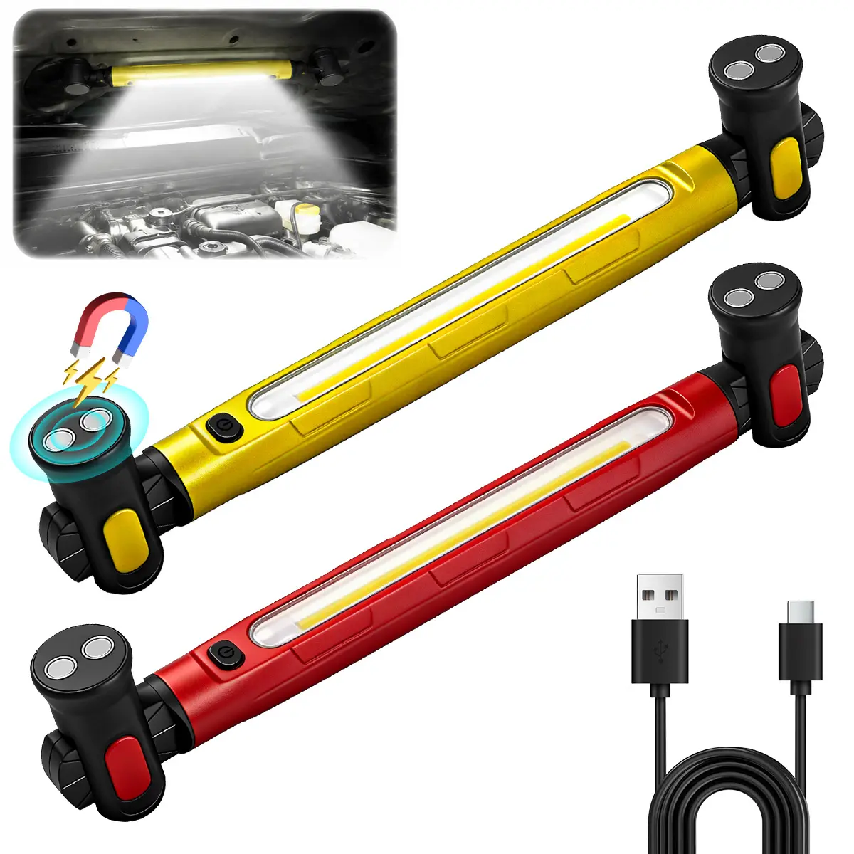 1/2 Pack Rechargeable Magnetic COB Work Light Bar, 5000mAh Battery, 3 Modes, 360° Rotatable Handheld Tool with Hook, Type-C Charging, for Car Repair, Camping, Tool Gift