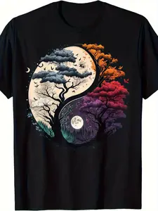 & Yin Yang TShirt |   Loose Fit Black with White Print Chinese Martial Arts YinYang Tree & Five Elements Wood Fire Earth Metal Water Design for Tai Cultural Gift Casual Holiday Shoppers Streetwear Fashion Cartoon Print Breathable Material Round Neck T