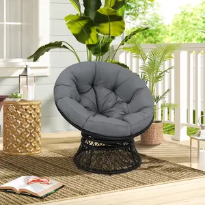 40" Wicker Papasan Swivel Chair – 360° Rotating Outdoor Rattan Chair with Thick Cushion, Perfect for Garden, Patio, Porch, Living Room, Hotel Lounge