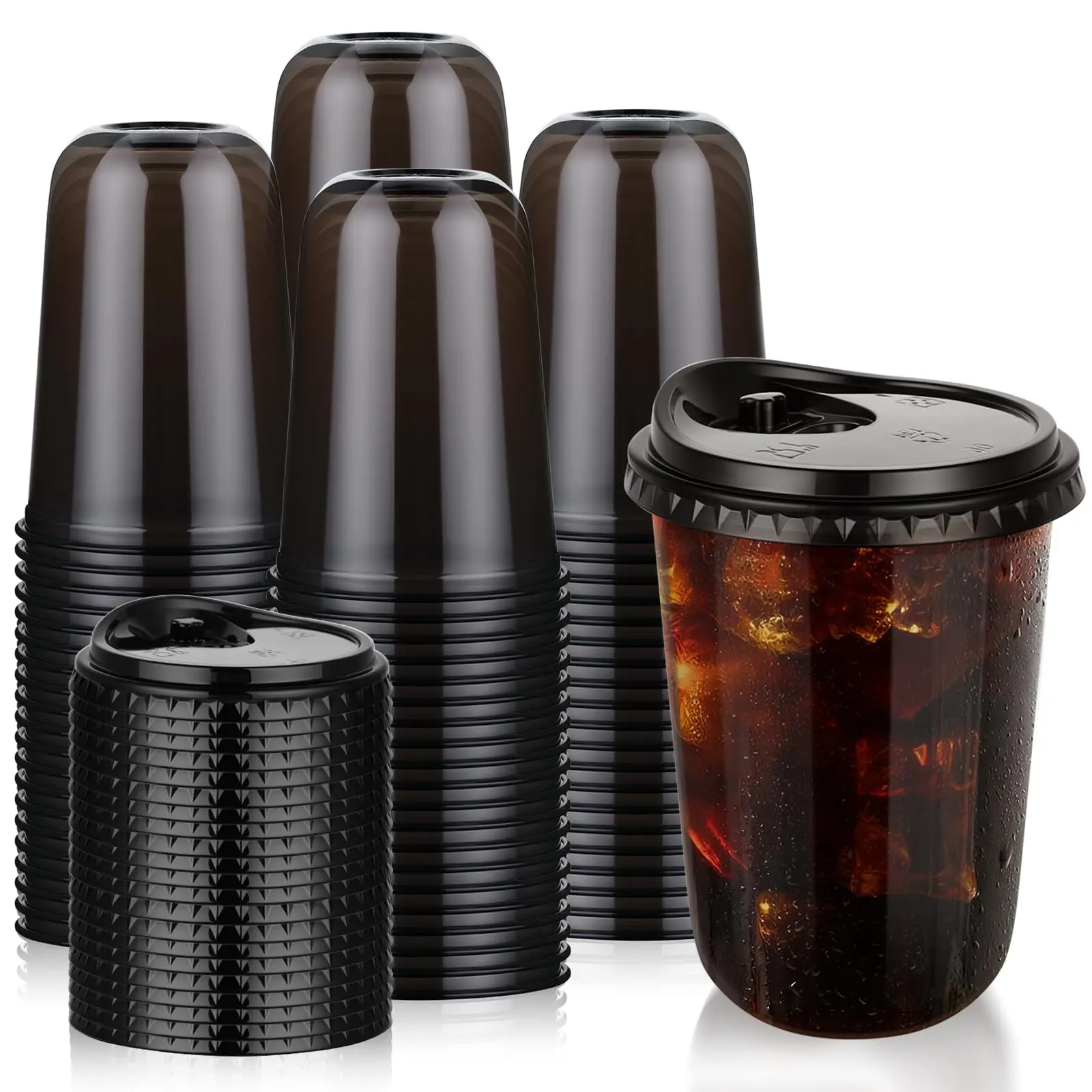 16oz Lightweight Black Disposable Plastic Cups with Sip Lids - 20/50 Pcs Stemless Round-Bottom 0-500ml To-Go Cups for Halloween Party, Wedding Catering Events