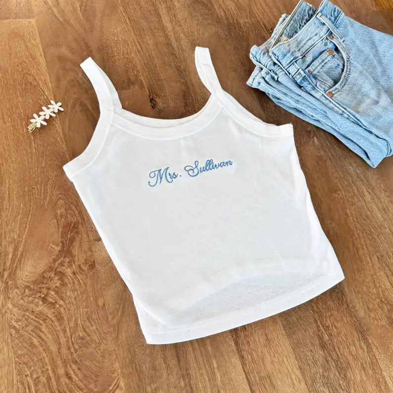 (Leave a note) Custom Embroidered Bride Crop Tank Top, Personalized Bride Shirt, Engagement Gift, Bride To Be Gift, Bridal Shower Gift