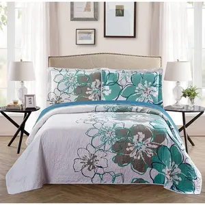 3 Pc Bedspread Bed Cover Oversize New (Full/Queen,White Grey Green Floral)