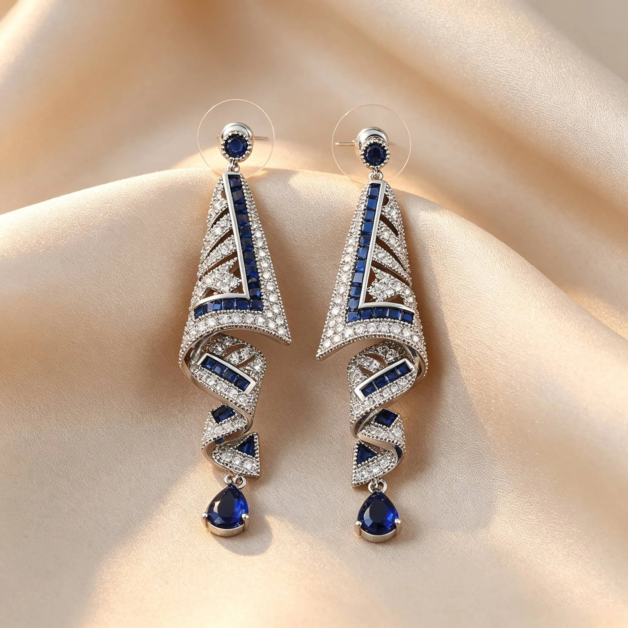 Elegant Blue Sapphire & Diamond Swirl Earrings for Women - Sparkling Jewelry Gift