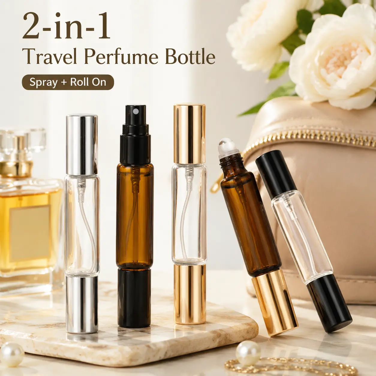 2 Pack 2-in-1 Travel Perfume Atomizer Bottle, 10ml Refillable Glass Perfume Spray Bottle with Roll On Ball, Portable Pocket Fragrance Container for Women, Leak Resistant Mini Perfume Dispenser for Travel, Purse & Daily Use
