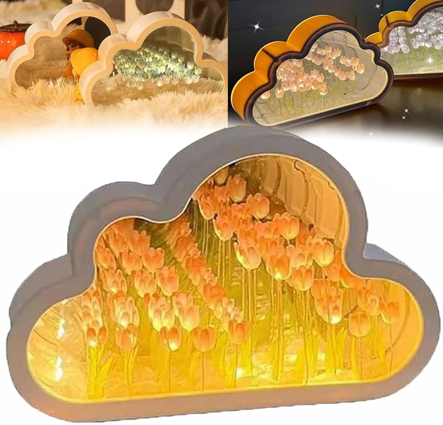 Mother’s Day 20 Flower Tulip Night Light Cloud Mirror Light Decorative Night Lamp Bedside Table Lamp Bedroom Livingroom Desktop Decor Girls Birthday C