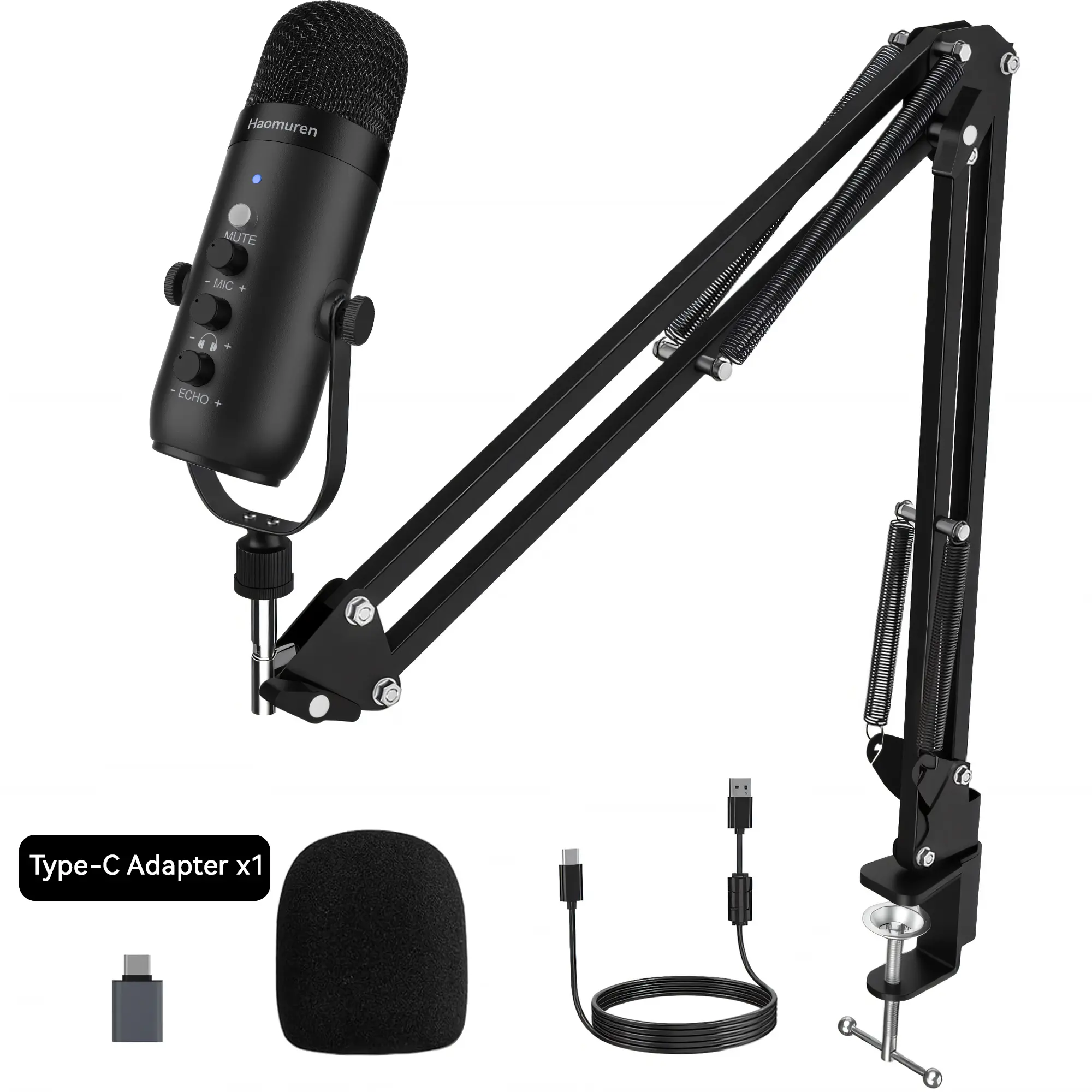 Haomuren Cardioid Gaming Condenser Microphone Kit with Boom Arm, Mic Clamp, USB Cable, Type-C Adapter, Mute Button, Echo Volume Gain Knob, Monitor Adjustment - 3.5mm Jack, Gamer Stuff, Gaming Accessories for Phone/PC Live Streaming, Podcast Setup, Usb Aud