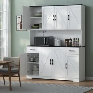 Tall Kitchen Pantry Cabinet with Charging Station, 40" Wide Farmhouse Kitchen Storage Cabinet with Countertop Freestanding Hutch with Storage Drawers & Doors