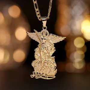 Elegant Copper Inlaid Zirconia 3D Archangel Saint Michael San Miguel Pendant Necklace, Suitable For Mother's/Valentine's Day, Couples, Best Friends, Casual And Holiday Wear, Prayer,Mom,Mother,Mother's Day,Gift Religious Jewelry Gold Plated Amulet