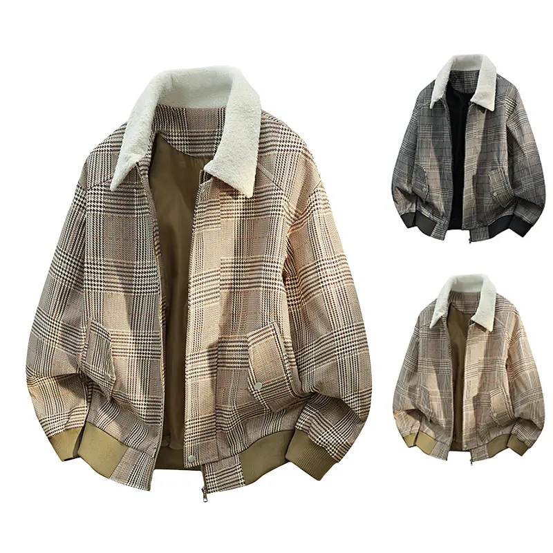 Men Oversized Houndstooth Plaid Windbreaker Full Zip White Sherpa Fleece Lapel Collar Rib Elastic Hem Cuff Wool Blend Bomber Jacket Retro Y2K Hip Hop Workwear Winter Warm Layering Outer Coat Side Hand Pockets