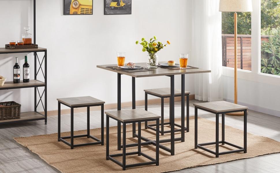 Yaheetech 5-Piece Dining Table Set with 4 Stools - Industrial Compact Kitchen Table & Chairs Sets, Space-Saving Design for Apartment, Small Space, Breakfast Nook