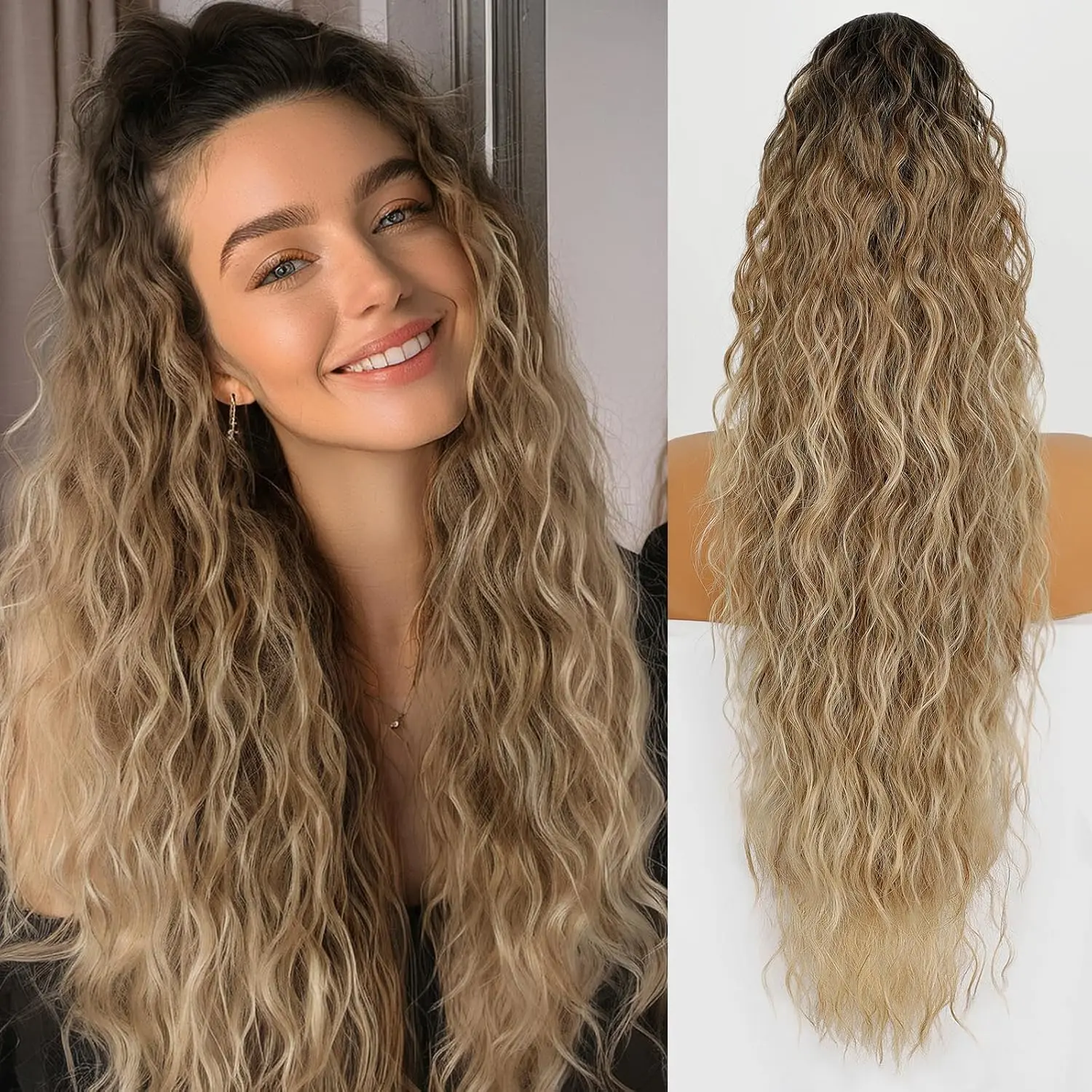 Women's 30-in Claw Ponytail Extension - Fluffy Natural-Looking Wavy Hair, Ombre Brown Mix Blonde Clip-In Synthetic Extensions & Pieces, Fashion Accessories for Women for Ponytail Hairstyles