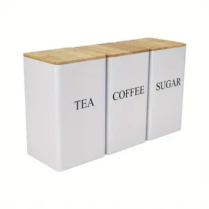 3Pcs TEA, COFFEE, SUGAR three combination sets storage box, spice jar, can store tea, coffee, fruit tea, candy, spices, seasonings, etc., kitchen storage set, equipped with bamboo cover-metal storage container, Coffee Storage Canisters
