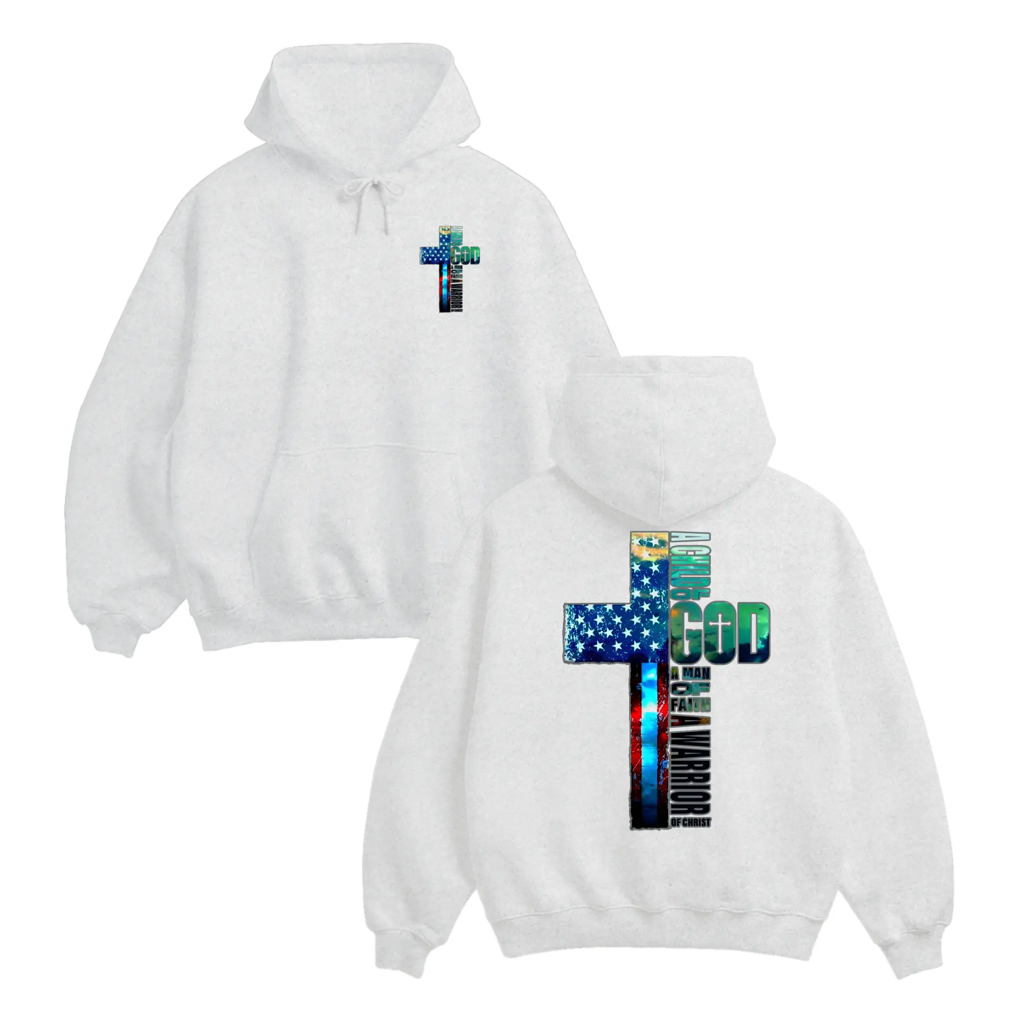 God Man Of Faith Warrior Of Christ Hoodie For Men For Women, Front And Back Print, American Cross Graphic, Oversized Cotton Blend, Christian Patriot Gift