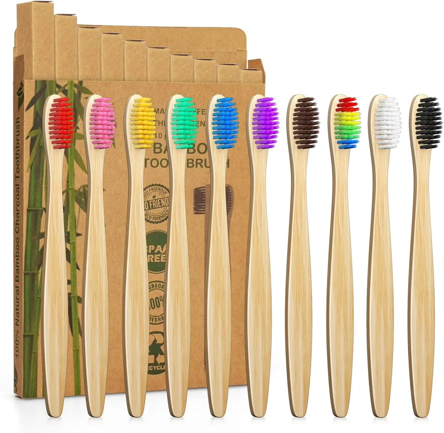 Bamboo Toothbrushes Set 10 Color Soft Bristles Eco-Friendly BPA Free Premium Charcoal Wooden Handle 100% Recycled Biodegradable Compostable Oral Care