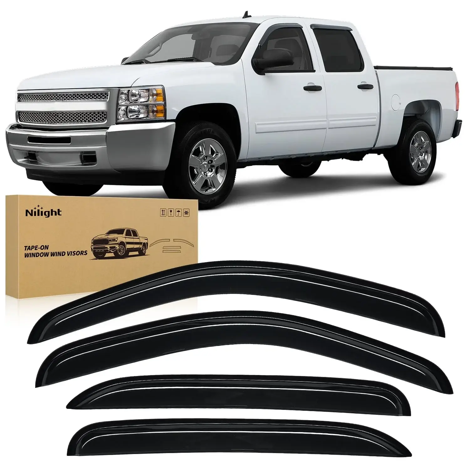 Nilight 4PCS Tape-On Window Wind Visors - Modified Acrylic Rain Guards, Fog Prevention Vent Deflectors with Cover for Chevy Silverado 1500 Crew Cab 2007-2013 Chevy Accessories Car Exterior Replacement Parts