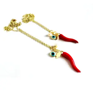Italian Red Horn Necklace, 14k Gold Plated Cornicello Good Luck Pendant, red chile necklace, Italian Amulet Protection, Cornicello jewelry