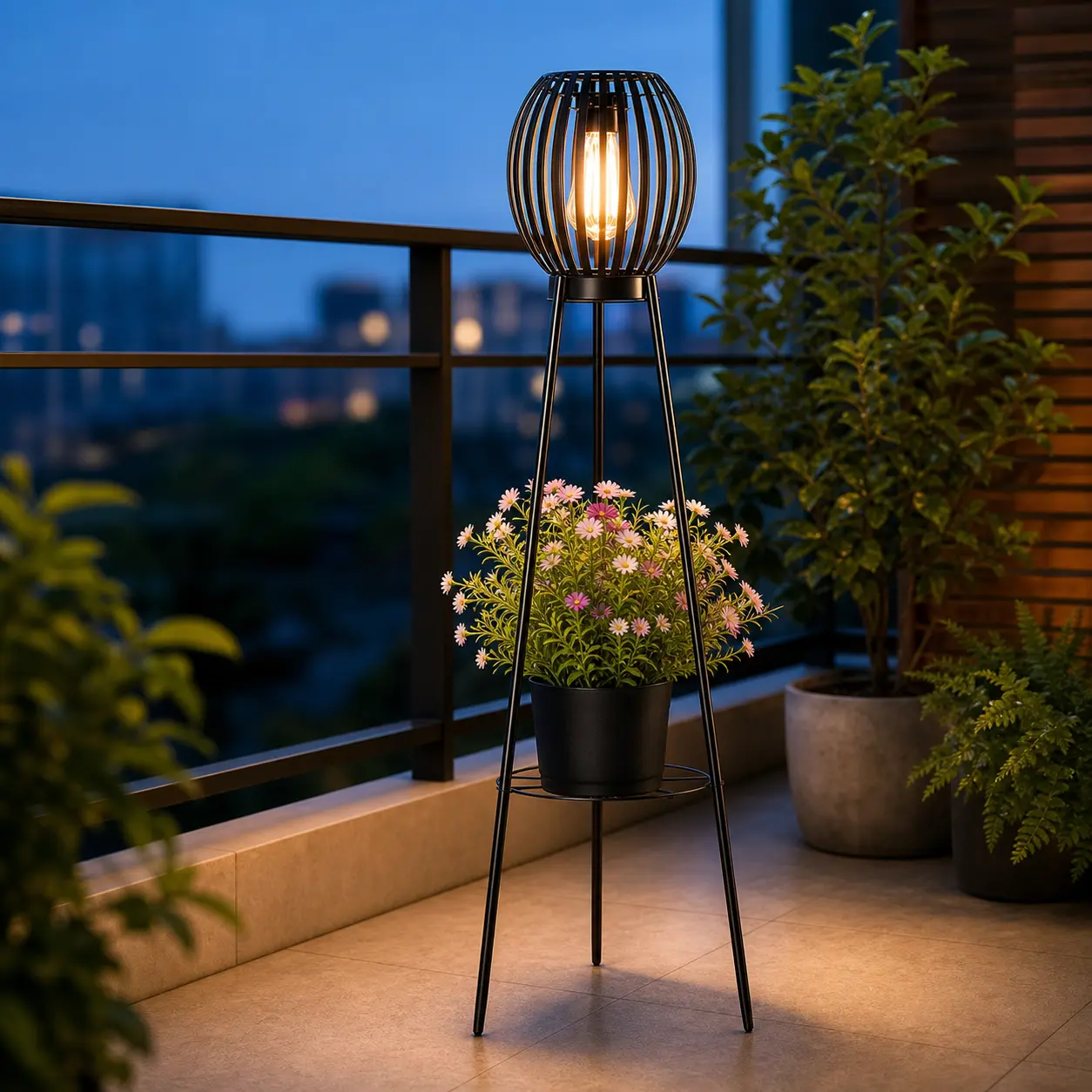 31.5 in Solar-Powered Outdoor Floor Lantern, Metal Warm White Light with Plant Support & Flower Pot Holder, Metal Frame for Patio-Pathway Home Improvement