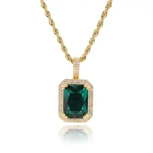A&M 14K Gold Plated Emerald Cubic Zirconia Pendant Necklace Hip Hop Style Unisex Jewelry for Men & Women Bold Eye-catching Design